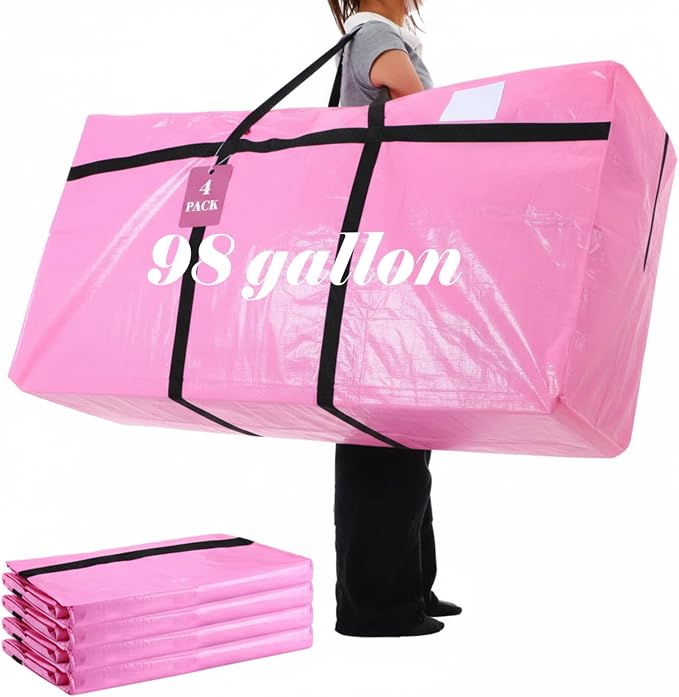 Windyun 4 Pack 98 Gallon Extra Large Moving Bags XXL Heavy Duty Storage Bag with Strong Zipper Handle Jumbo Big Tote Box Foldable for College Dorm Travel Clothes Duffle Blanket Pillow(Pink) by Windyun