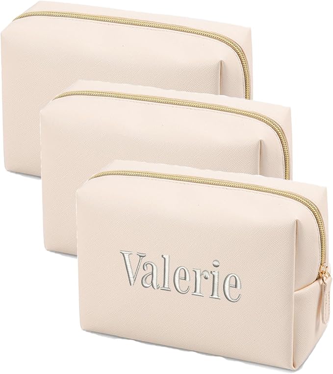 GOPHIE Cusotom Embroidery Travel Makeup Bag Organizer,Cosmetic Bags for Women,Gift For Bachelorette Party,Set of 3,Beige by GOPHIE