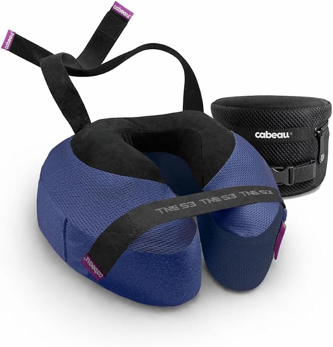 Cabeau Slim TNE-S3 Deluxe Luxury Travel Neck Pillow for Airplanes with Patented Seat Strap and Head Hold Technology (Blue) by Cabeau
