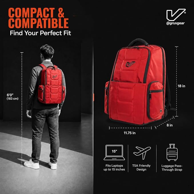 Gruv Gear Travel Laptop Backpack, 20L Red Tech Backpack with Modular Storage Shelves, Dual Access Pockets & TSA-Friendly Design, Compact Carry-On Backpack for Work, Travel & Everyday Carry - Image 7
