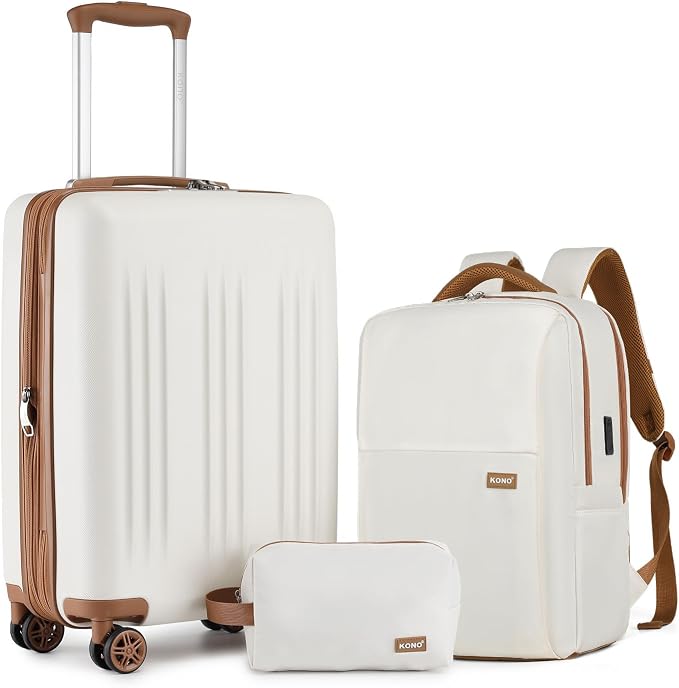 Kono Luggage Sets 3 Piece Expandable Carry On Travel Luggage 20 Inch TSA Lock Spinner Wheels Hardshell Suitcase Set(Cream White,3 Piece Set) by Kono