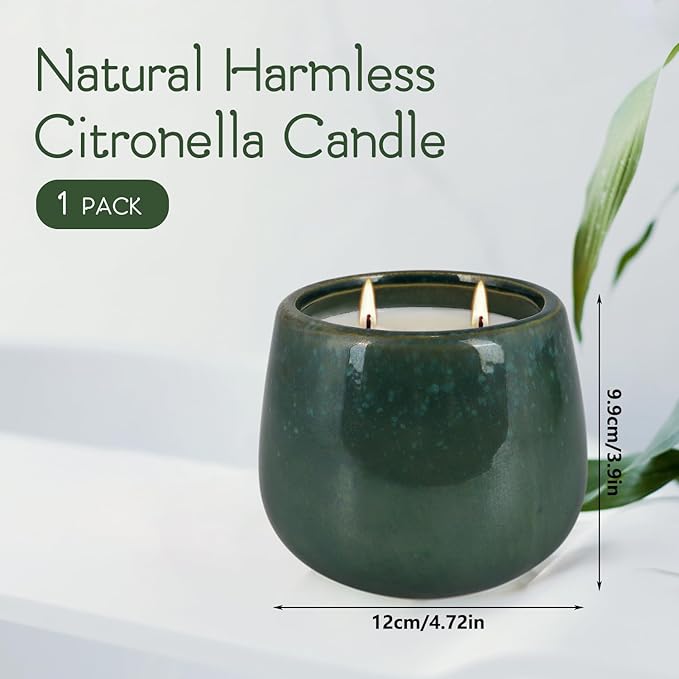 1 Pack Soy Wax Green Ceramic 2-Wick Outdoor Citronella Candles– Long Burning Scented Candle for Home Decor, Relaxation, Gifts & All Occasions