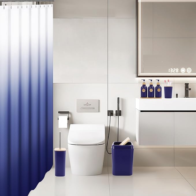XLHOMO 30PCS Navy Blue Bathroom Accessories Set with Waffle Shower Curtain,Trash Can,3PCS Lotion Soap Dispenser, Toothbrush Holder, Soap Dish,Tumbler Cup,6PCS Wood Tags Bath Accessories with Tray - Image 5