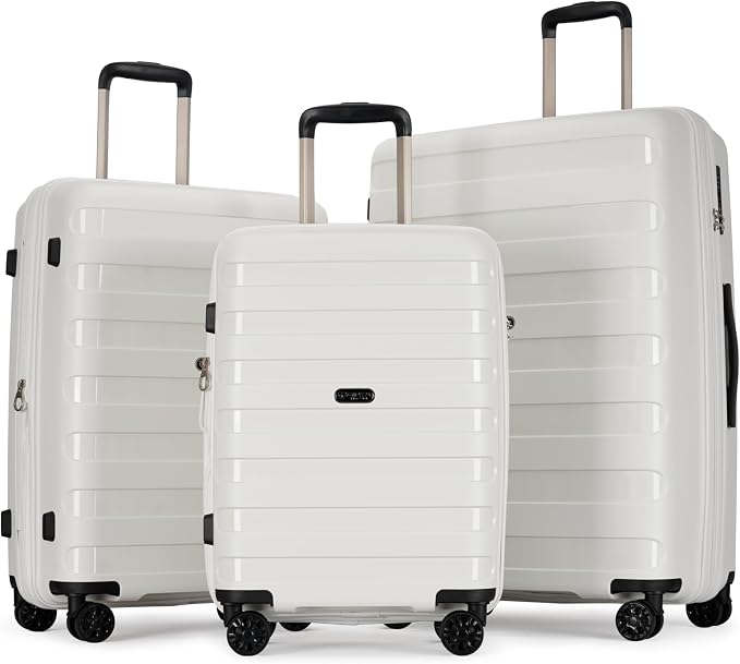 GinzaTravel PP material 3-piece expandable luggage sets with Spinner Wheels， Suitcase with TSA Lock，Large Luggage for Family Travel carry on 20/24/28，White color by GinzaTravel