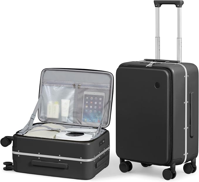 mixi 20 Inch Carry On Luggage 22x14x9 Airline Approved PC Hard Shell Suitcase Top Opening Aluminum Frame Travel Suitcases with Wheels, Blcak by MIXI