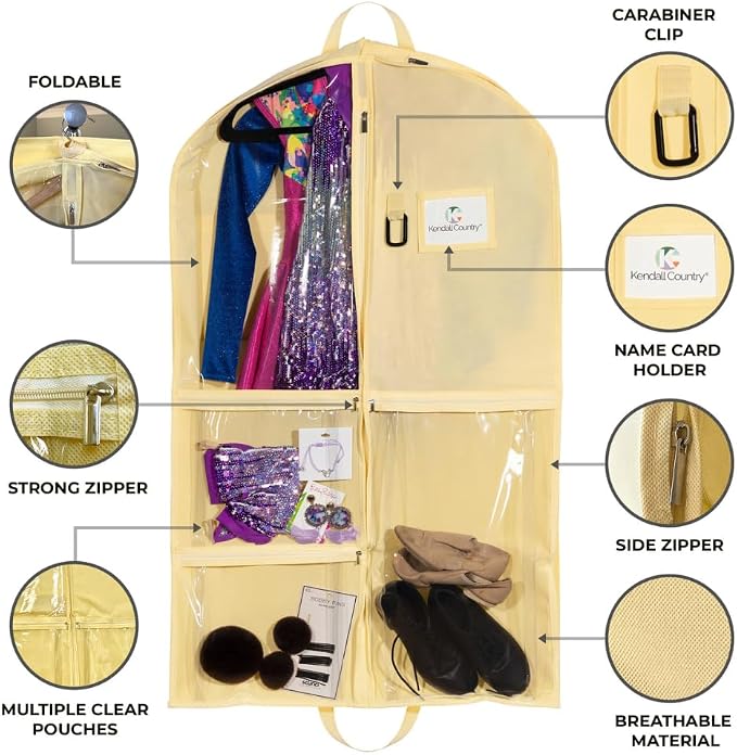 Waterproof Hanging Garment Bag 40 inch Clothes Bag with Gusset, 5 Pockets & Side Zip for Dance Costumes, Sports, Skating, Theatre, Beauty Pageants & More by Kendall Country, Sunshine Yellow - Image 3