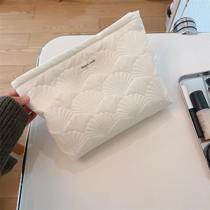 RSRSLEII 2Pcs Quilted Cotton Coquette Makeup bag, Coastal Granddaughter Aesthetic Cosmetic Bag, Cute Seashell Portable Travel Toiletry Pouch (2Pcs White) - Image 4