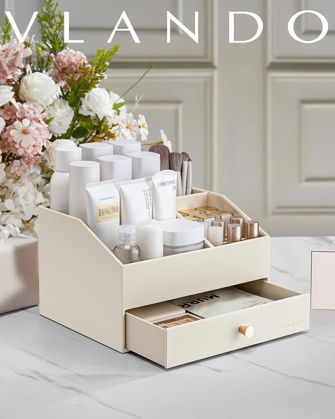 VLANDO Makeup Organizer,Vanity Organizer with Drawers, PU Leather Skincare Organizer Perfume Organizer,Large Cosmetic Display Case for Lipstick,Brushes Gifts for Women-Beige - Image 7