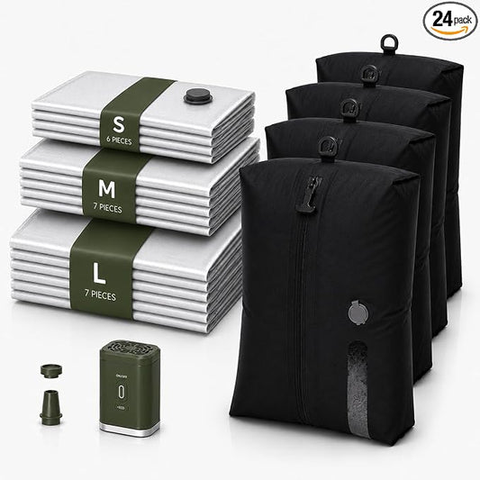 24 Pcs. Travel Vacuum Bags with Pump for Home and Travel TPU&PAPE Set 4 Waterproof 20 Vacuum Bags, High-power Pump, Space-saving Compression Packing Luggage Reusable Seal -Black Sizes by Unknown