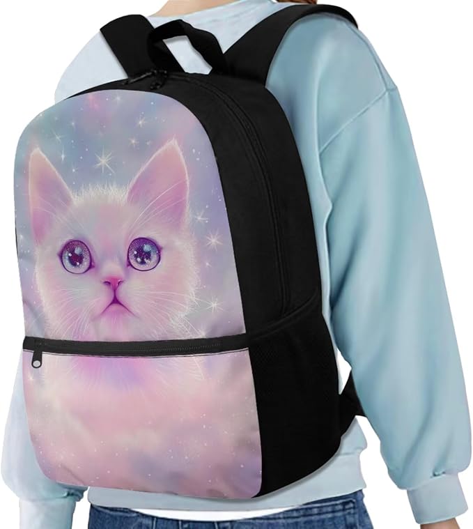 Aesthetic Galaxy Cat Backpack for School Girls Backpack with Lunch Box Water Bottle Bag and Large Pencil Case 4PCS Set 17" Bookbag with Front Pocket Lightweight School Bag for Kids Elementary - Image 2