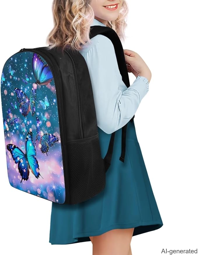 Butterfly Backpack for Girls Kids Backpack with Lunch Box Water Bottle Carrier with Strap and Aesthetic Pencil Case 4PCS Set Bookbag with Compartments for School Teens 17 inch Large School Bag - Image 2