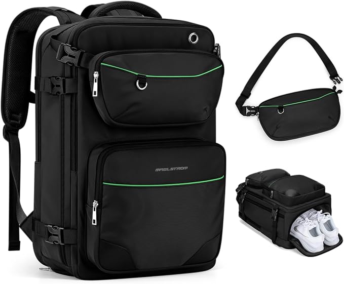 Maelstrom Travel Backpack for Men Women, 35L Carry on Backpack for Traveling on Airplane,with Belt Bag&Shoe Compartment,Waterproof Laptop Backpack fit 17”Laptop-Classic Black, Large by Maelstrom