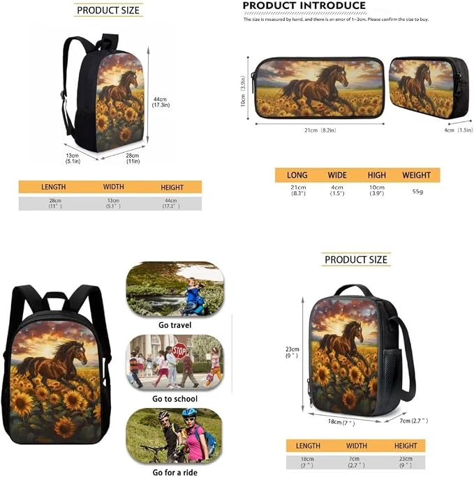 Mumeson Cool Horse Sunflower Backpack Schoolbag Student Rucksack for Girl Boys Backpack Large Capacity Organizer Book Bags with Insulated Thermal Lunch Bag Small Pencase - Image 5