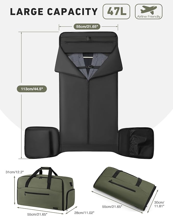 Convertible Garment Bags for Travel, 47L Garment Duffle bag for Hanging Clothes, 3 in 1 Suit Travel Bag for Business Trips with Shoulder Strap, Carry On Suit Luggage for Men,Green - Image 8