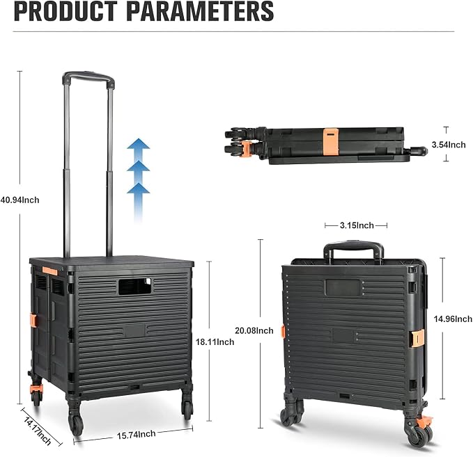 Utility Cart Folding Portable Rolling Crate Handcart with Lid Durable Heavy Duty Plastic Telescoping Handle Collapsible 360 Degree Rotate Wheels for Travel Shopping Moving Luggage Office Use,Black - Image 8