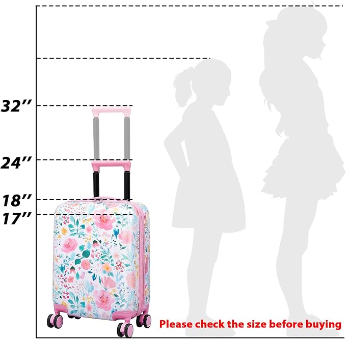 Sanwuta 4 Pcs Kids Luggage Set Back to School Gifts for Girls Boys Carry On Rolling Suitcase Backpack Neck Pillow Travel Set(18 Inch,Flower Style,Pink Green) - Image 5