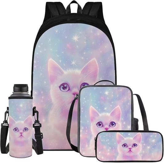 Aesthetic Galaxy Cat Backpack for School Girls Backpack with Lunch Box Water Bottle Bag and Soft Pencil Case 4PCS Set 17" Bookbag with Compartments Lightweight Elementary School Bag for Kids by ELEDIZI