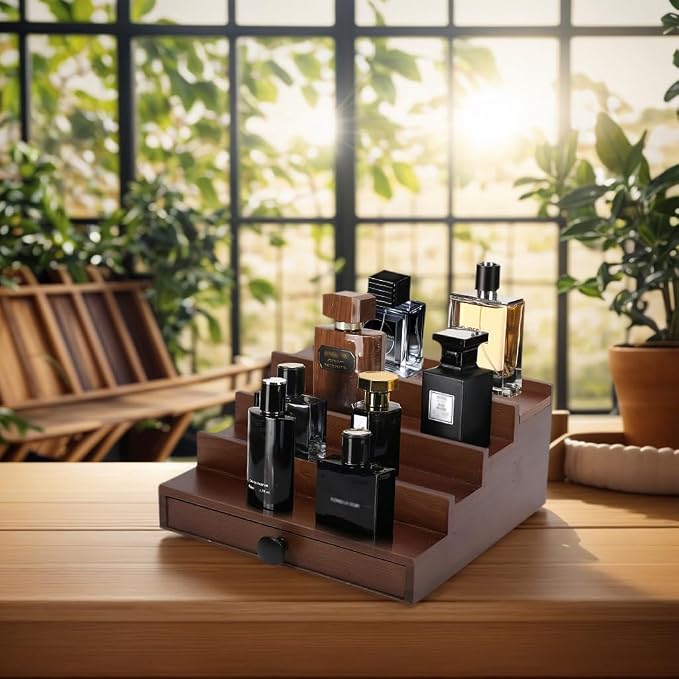 4 Tier Men's Cologne Organizer, Walnut Brown Wood Display Stand with Drawer | Tiered Cologne Shelf, Display Rack and Tray, Drawer Storage, Countertop Dresser Organizer, Mens Room Decor, Gift for Him - Image 3