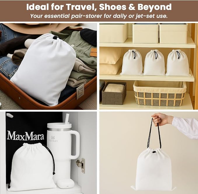 LFH Cotton Rich Shoe Storage Bags with Drawstring, Dustproof Breathable Reusable Organizer, Perfect For Travel, Dorm, Hotel, College, Gym, Easy to Carry, Machine Washable 8"x17" (Pack of 2) - White - Image 6