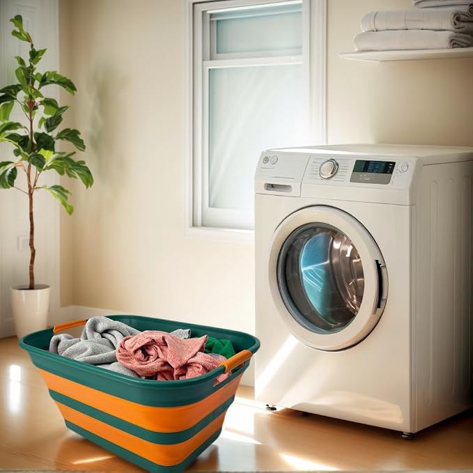 SAMMART Collapsible Plastic Laundry Basket with Handle/Foldable Pop Up Storage Hamper/Portable Laundry Organizer-Space Saving Washing Tub/Household Storage (Teal Green/Autumn leaf, 27L (Set of 2)) - Image 5