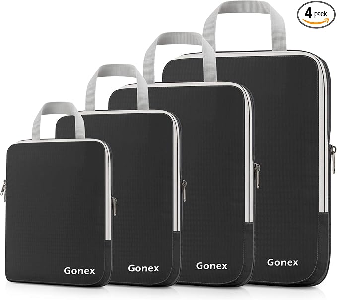 Gonex Compression Packing Cubes, 4pcs Expandable Storage Travel Luggage Bags Organizers(Black) by Gonex
