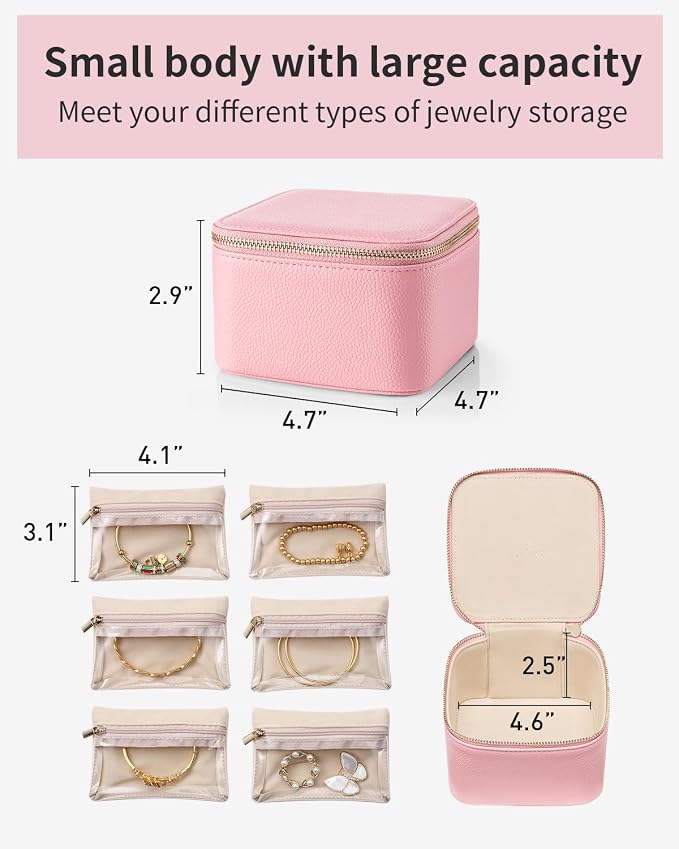 VLANDO Travel Jewelry Box for Women,Faux Leather Jewelry Case with 6 Velvet Jewelry Zipper Pockets,Gift Ideas for Women Wife Earrings Necklace Rings Storage Boxes(Strawberry Pink) - Image 4