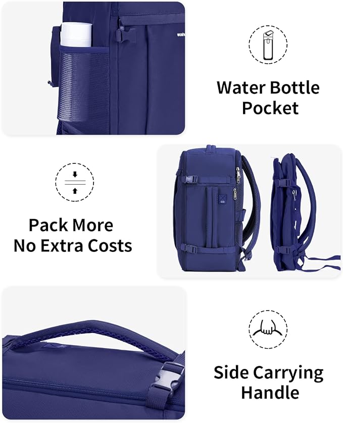 ECOHUB Travel Backpack for Men Women, Carry on Backpack with USB Charging Hole, Spirit Airlines Personal Item Bag Flight Approved, 15.6 Inch Laptop Backpack with Anti Theft Pockets, 30L, Navy Blue - Image 6