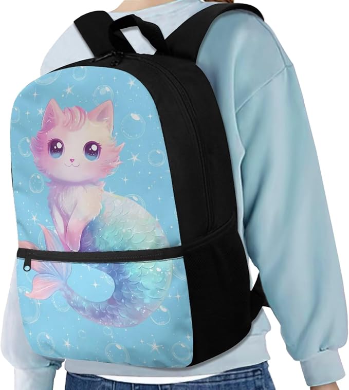 Mermaid Cat Backpack for School Girls Backpack with Lunch Box Water Bottle Holder with Strap and Cute Pencil Case 4PCS Set Bookbag with Front Pocket 17" Sturdy Elementary School Bag for Kids - Image 2
