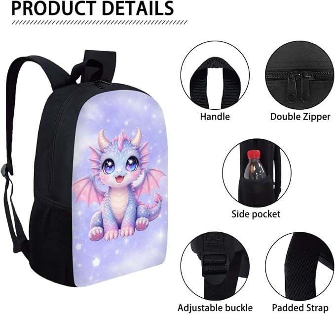 Forchrinse Cartoon Dragon Backpack for Girls 6-8 10-12 Cute Bookbag Set with Lunch Box Pencil Case Kids 17 Inch School Bag for Elementary Kindergarten Preschool - Image 7