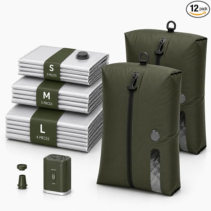 12 Pack Travel Vacuum Bags with Rechargeable Pump, 10 Clear PA and PE Compression Bags and 2 Green 18L TPU Pouches, Space Saver Vacuum Storage Bags for Camping, Beach, Travel and Home by Unknown