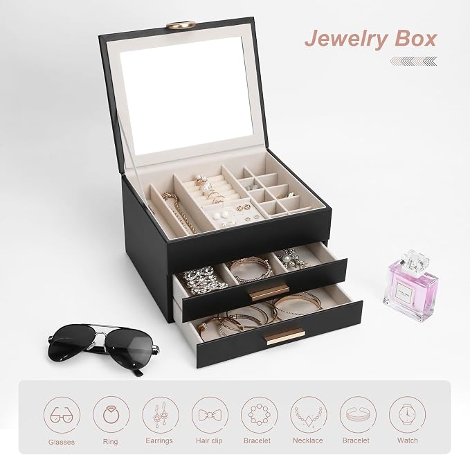 Large Jewelry Organizer Box with Mirror - Features Ring Rolls, Necklace Hooks, Earring Slots, Plush Interior for Luxury Protection Black - Image 6