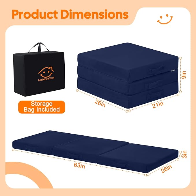 MeMoreCool Foldable Floor Mattress for Kids Trifold, 63x26 Inch Navy | Trifold futon floor mattress for playroom, reading nook and travel, washable - Image 3