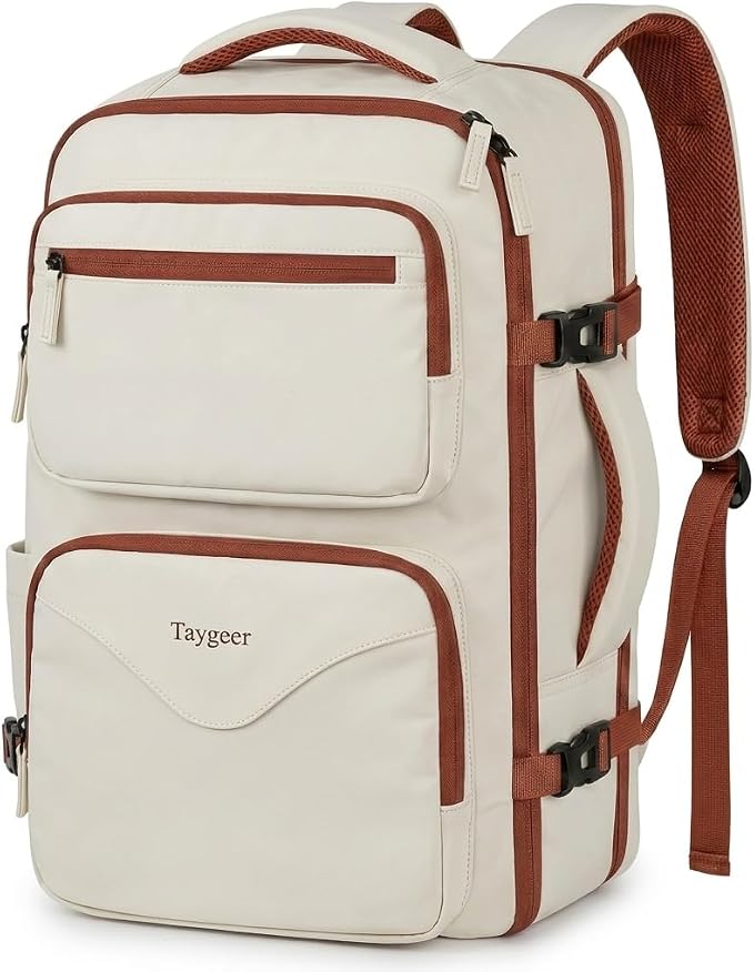 Taygeer TSA Approved Under Seat Backpack, 35l College Backpack for Women | Personal Item Bag for Airplanes Fits 15.6 Inch Laptop, Travel Bag with Water Bottle Pocket & Shoe Pouch, Khaki White by Taygeer