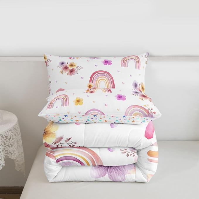 Girls Rainbow Comforter Set Full, Flower Petal Bedding Set For Kids Children Women, Rainbow Stripes Floral Duvet Insert Hand Drawn Iridescent Bedding Comforters With 2 Pillow Cases, Colorful - Image 7