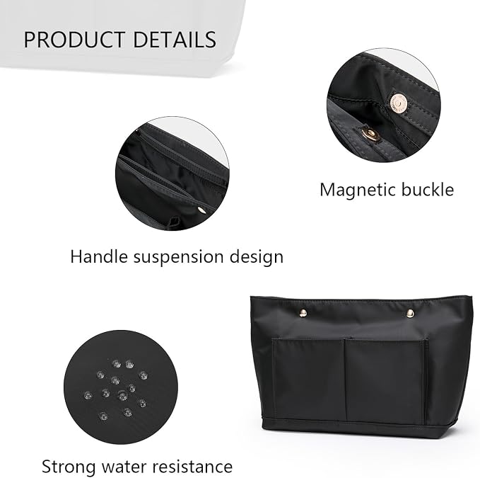 Lightweight Handbag Organizers Insert with Multiple Pockets Handbag Organizer for Storage and Organization Cosmetic Bag (Nylon-black,M) - Image 3