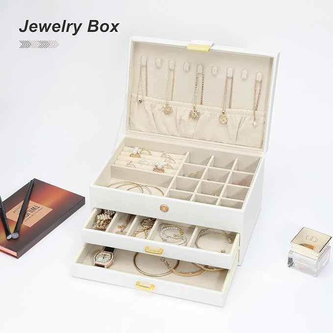 Jewelry Organizer Box, Women Jewelry Box 3 Layers with 2 Drawers, Large Jewelry Organizers Jewelry Boxes Display Earring Necklace Watch Bracelet and Rings, White - Image 6