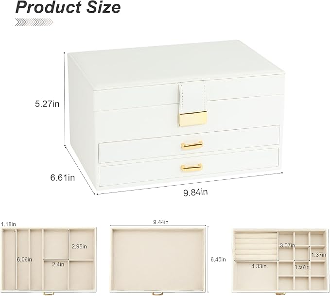 Jewelry Organizer Box, Women Jewelry Box 3 Layers with 2 Drawers, Large Jewelry Organizers Jewelry Boxes Display Earring Necklace Watch Bracelet and Rings, White - Image 7