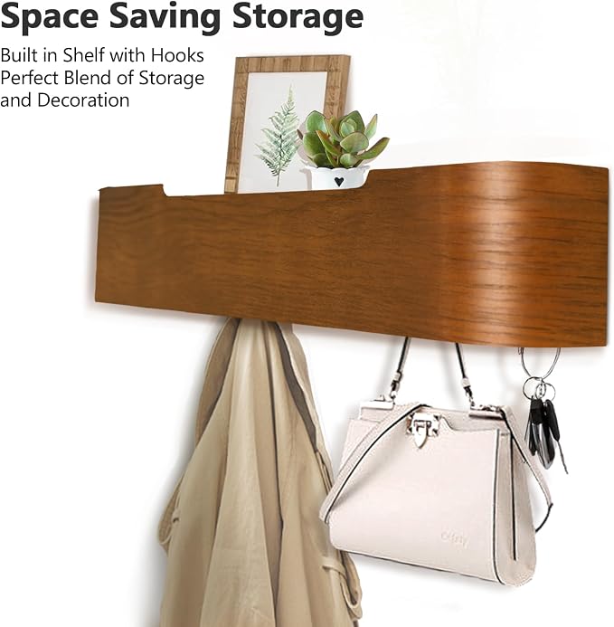 Coat Rack Wall Mount with Hidden Hooks Modern Key Holder Wood Entryway Hook with Shelf for Bedroom Kitchen Hallway Bathroom Designed for Hanging Coats Hats Bags Towel Dog Leashe(Walnut,5 Hooks) - Image 2