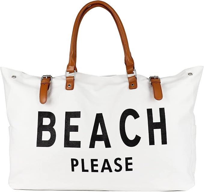 Lamyba Beach Bag with Vegan Leather Handle, Extra Large Beach Bag for Women Waterproof Sandproof, White | with Vegan Leather Handle by Lamyba