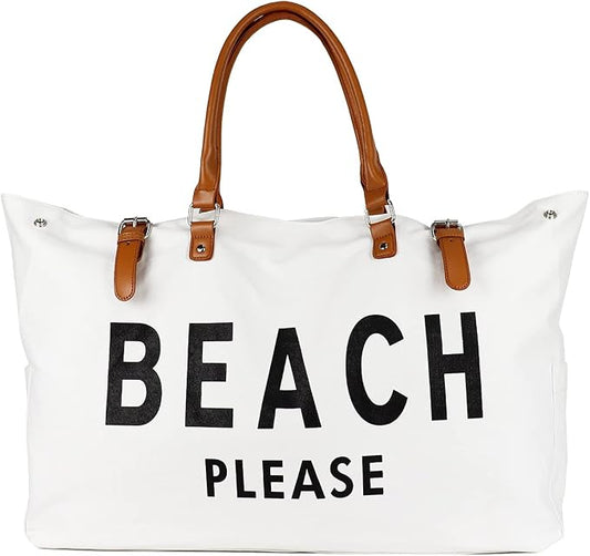 Lamyba Beach Bag with Vegan Leather Handle, Extra Large Beach Bag for Women Waterproof Sandproof, White | with Vegan Leather Handle by Lamyba
