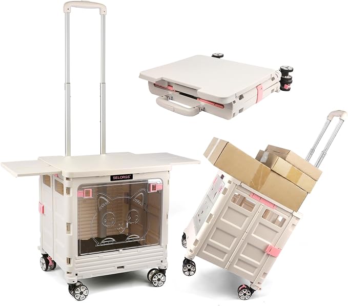 FELICON SELORSS Folding Utility Cart Portable Rolling Crate Handcart-Gray | Magnetic Sliding Lid+Lockable Transparent Front Panel,Telescoping Handle,4 Swivel Wheels Tote for Travel Shop Office Teacher by FELICON