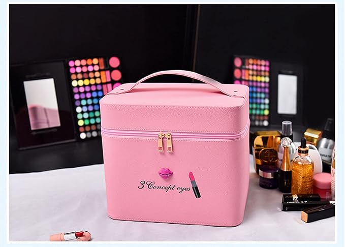 Pu Leather Makeup Storage Box With Mirror | 4 Layer Travel Vanity Bag | Multi Compartment Cosmetic Bag Display Organizer For Lipstick Nailpolish | Make-Up Brushes Holder(Pink) 18 Cms - Image 2
