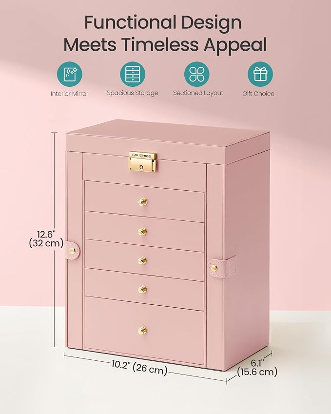 SONGMICS Jewelry Box Organizer, 6-Layer with 5 Drawers, Jelly Pink | Jewelry Storage Case with Lock and Mirror, Large Storage Capacity, for Necklaces, Watches, Gift for Loved Ones UJBC152SA02S - Image 3