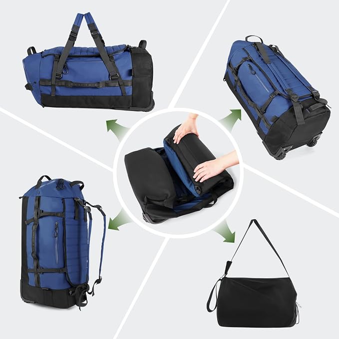 Vomgomfom 86L Foldable Duffle Bag with Wheels - Waterproof Rolling Travel Bag, Collapsible Luggage No Telescopic Handle, for Men Women Camping Sports Weekend Trips，Navy - Image 5