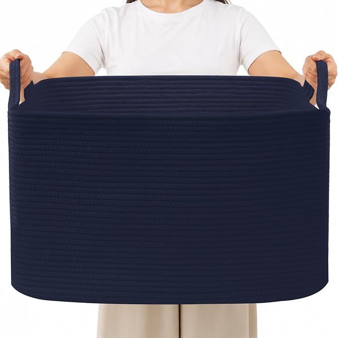 65L Collapsible Woven Rope Laundry Basket with Handles,Navy | 21x16x12 Foldable Rectangular Blanket Basket for Toys, Clothes & Pillows,Ideal for Nursery, Bathroom, Bedroom, Living Room by HZFTJOY