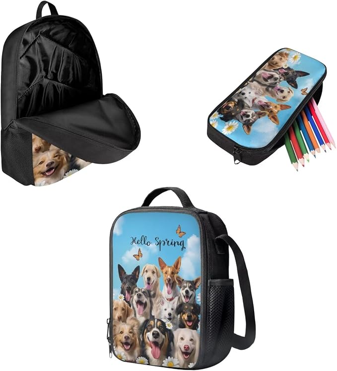 Mumeson Spring Puppy Backpack School Bag Large Capacity Book Storage Bags Daypack Casual Lightweight Satchel with Insulated Thermal Lunch Handbag Crossbody Bag and Pencase - Image 2