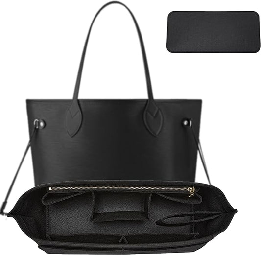 Purse Organizer Insert with Base Shaper,Felt Zipper Tote Handbag Organizer Compatible with Lv Neverfull PM, City 30 and More, 10 Compartments, Black/M by OAIKOR