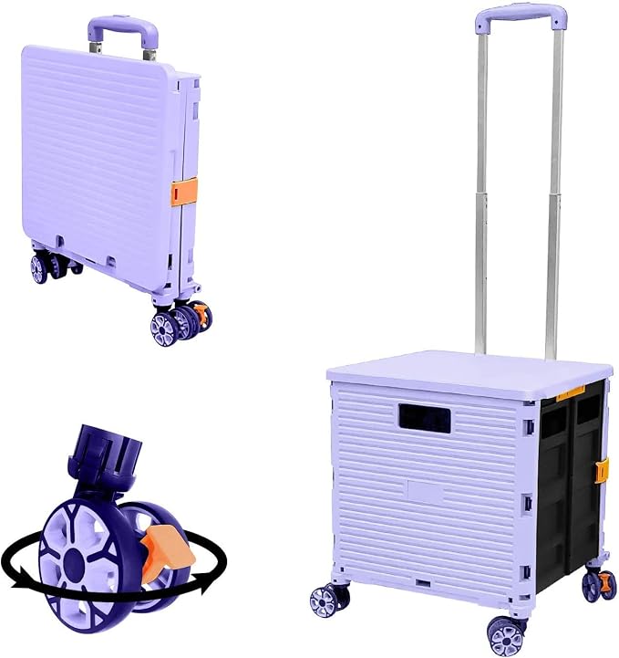 Quick Utility Cart Folding Portable Rolling Crate Handcart with Durable Heavy Duty Plastic Telescoping Handle Collapsible 4 Rotate Wheels for Travel Shopping Moving Luggage Office Use (Purple) by FELICON