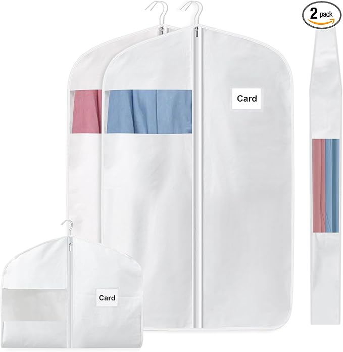2 Pcs 40" 100% Organic Cotton Garment Bags for Hanging Clothes and Storage, Breathable Clothes Covers with Viewing Window and Card Pocket for Short Dresses, Jackets, Suits by Ribbonlic