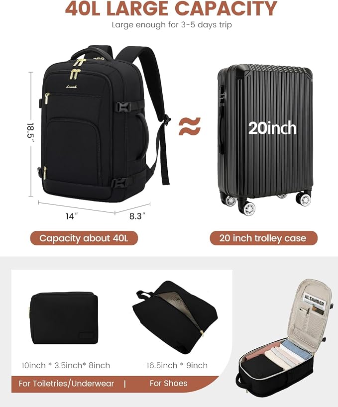 LOVEVOOK Carry On Travel Backpack for Women Men Flight Approved, 40L Personal Item Backpack for Airplanes, Business Weekender Overnight Daypack Fits 17 Inch Laptop, with 2 Packing Cubes, Black - Image 3
